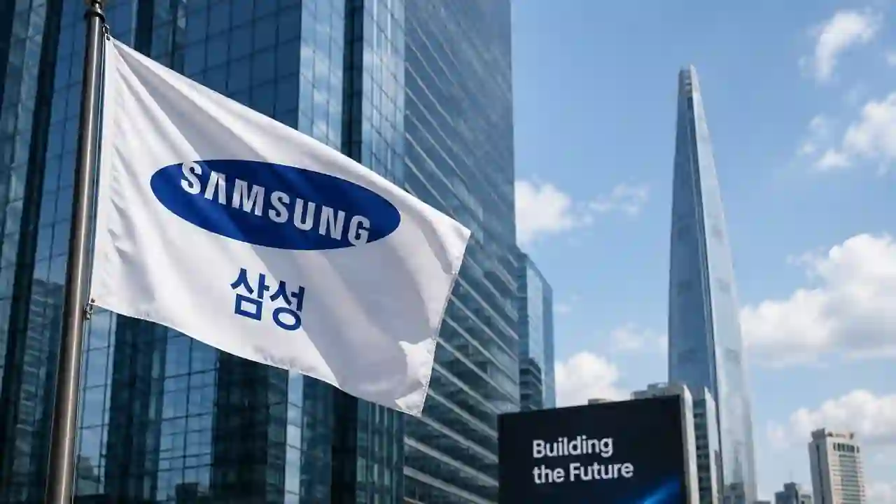 Samsung corporate flag and modern Seoul office skyline illustrating Samsung Electronics and its shareholder-return plan