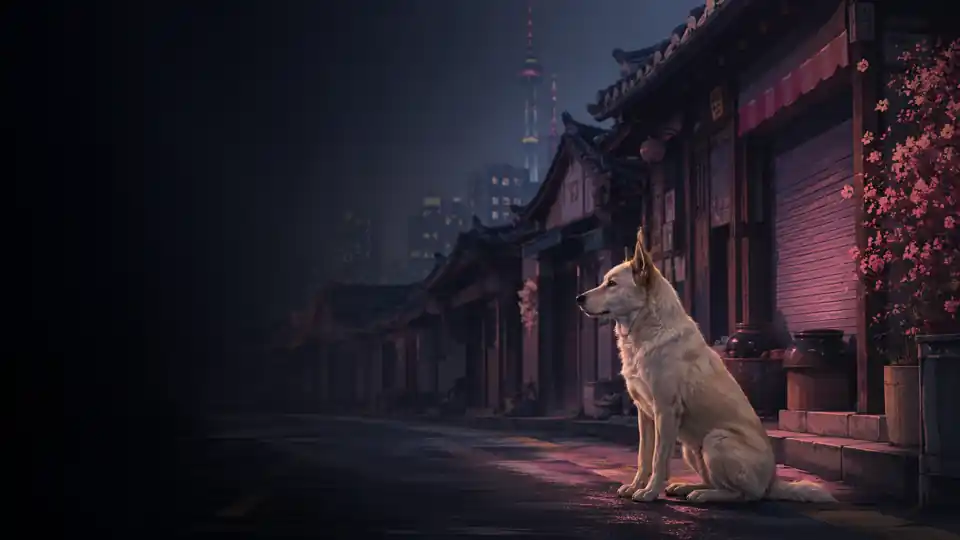 A calm Korean dog on a quiet evening street, illustrating social change around South Korea’s phase-out of the dog-meat industry
